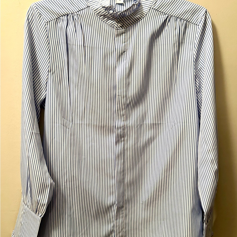 Everlane Blue & White Stripe Ruffle Neck Blouse | Small